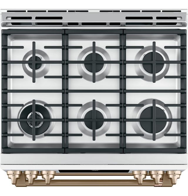 Cafe Appliance Package - 4 Piece Appliance Package with Gas Range - Matte White w/ Brushed Bronze Hardware