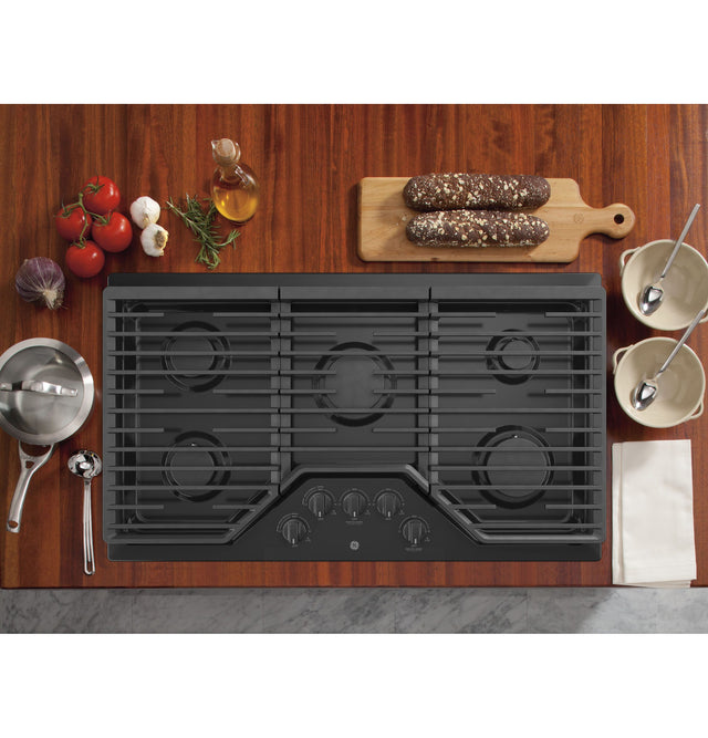 GE 36" Built-In Gas Cooktop with 5 Burners and Dishwasher Safe Grates JGP5036DLBB