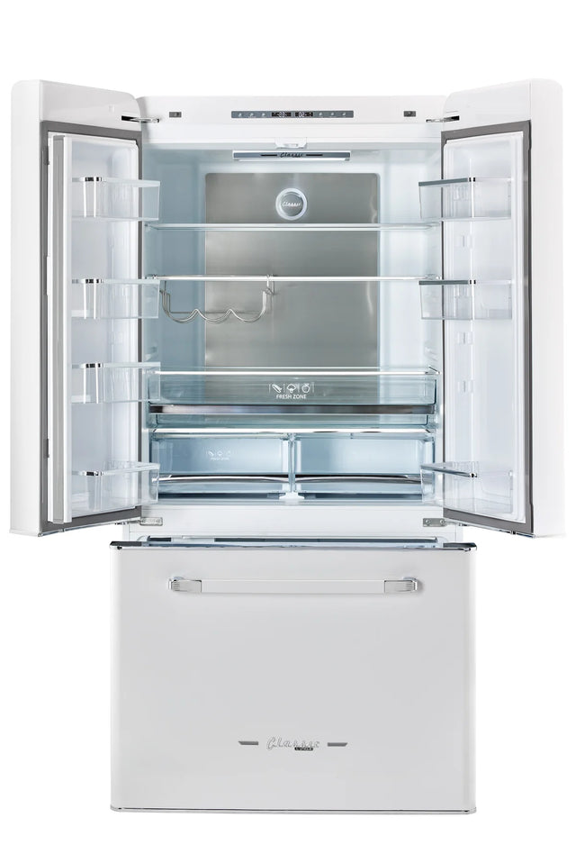 Classic Retro 36-inch 21.4 cu. ft. Frost Free French Door Counter Depth Refrigerator with Built-In Ice Maker in Ocean Marshmallow White, ENERGY STAR® UGP-595L W AC