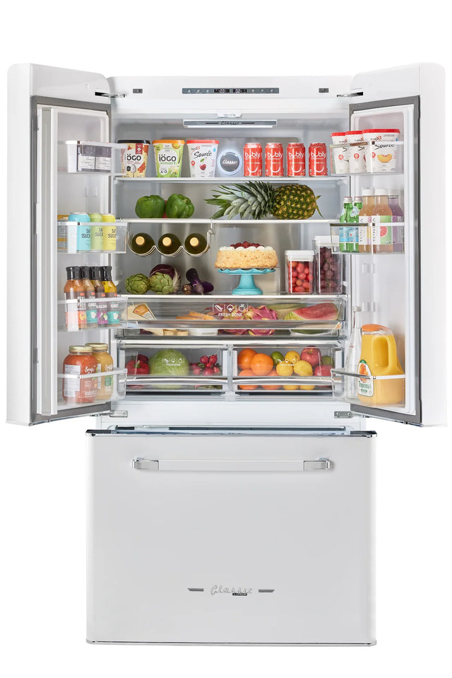 Classic Retro 36-inch 21.4 cu. ft. Frost Free French Door Counter Depth Refrigerator with Built-In Ice Maker in Ocean Marshmallow White, ENERGY STAR® UGP-595L W AC