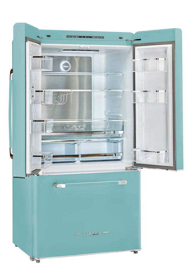 Classic Retro 36-inch 21.4 cu. ft. Frost Free French Door Counter Depth Refrigerator with Built-In Ice Maker in Ocean Mist Turquoise, ENERGY STAR® UGP-595L T AC