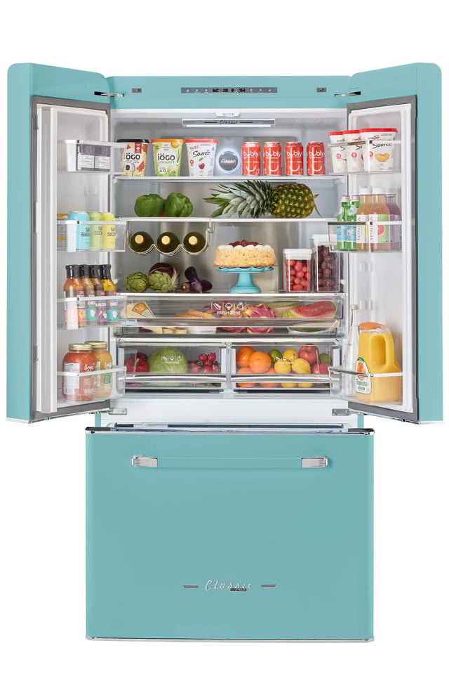 Classic Retro 36-inch 21.4 cu. ft. Frost Free French Door Counter Depth Refrigerator with Built-In Ice Maker in Ocean Mist Turquoise, ENERGY STAR® UGP-595L T AC