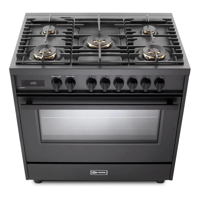 Verona VMFSGE365EE 36 inch Ultima Midnight Collection Freestanding Dual Fuel Range with 5 Sealed SABAF Brass Burners, 5 cu. ft. Oven Capacity in Matte Black