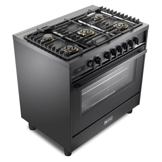 Verona VMFSGE365EE 36 inch Ultima Midnight Collection Freestanding Dual Fuel Range with 5 Sealed SABAF Brass Burners, 5 cu. ft. Oven Capacity in Matte Black