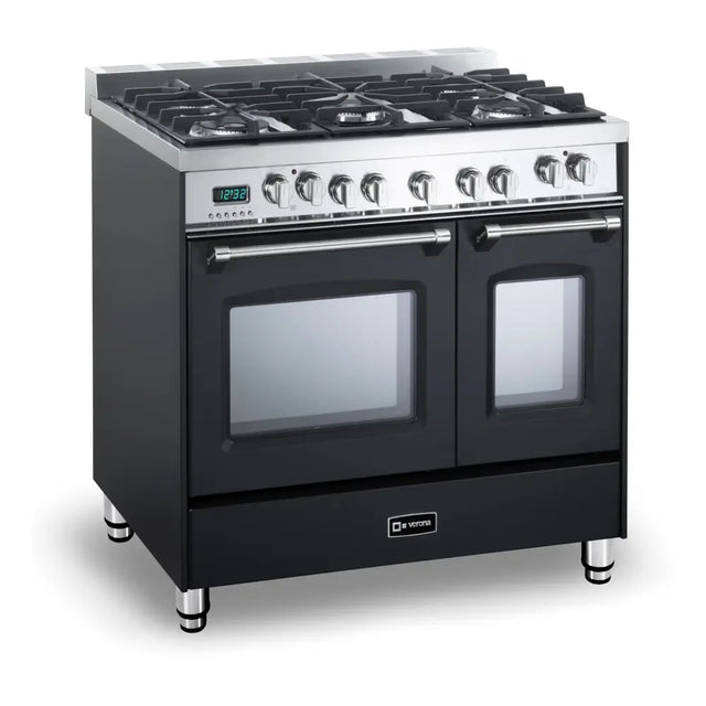 Verona VPFSGE365DE 36 inch Prestige Series Freestanding Dual Fuel Double Oven Range with 5 Sealed Burners, 3.9 cu. ft. Oven Capacity, European Convection (Matte Black)