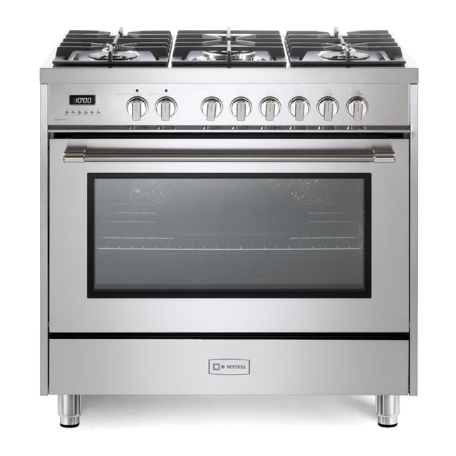 Verona VPRFSGE365SS 36 inch Prima Series Freestanding Dual Fuel Range with 5 Sealed SABAF Burners, 5 cu. ft. Oven Capacity, Touch Control Clock in Stainless Steel