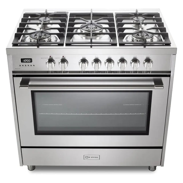Verona VPRFSGE365SS 36 inch Prima Series Freestanding Dual Fuel Range with 5 Sealed SABAF Burners, 5 cu. ft. Oven Capacity, Touch Control Clock in Stainless Steel