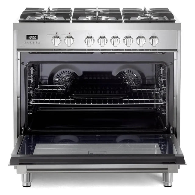 Verona VPRFSGE365SS 36 inch Prima Series Freestanding Dual Fuel Range with 5 Sealed SABAF Burners, 5 cu. ft. Oven Capacity, Touch Control Clock in Stainless Steel