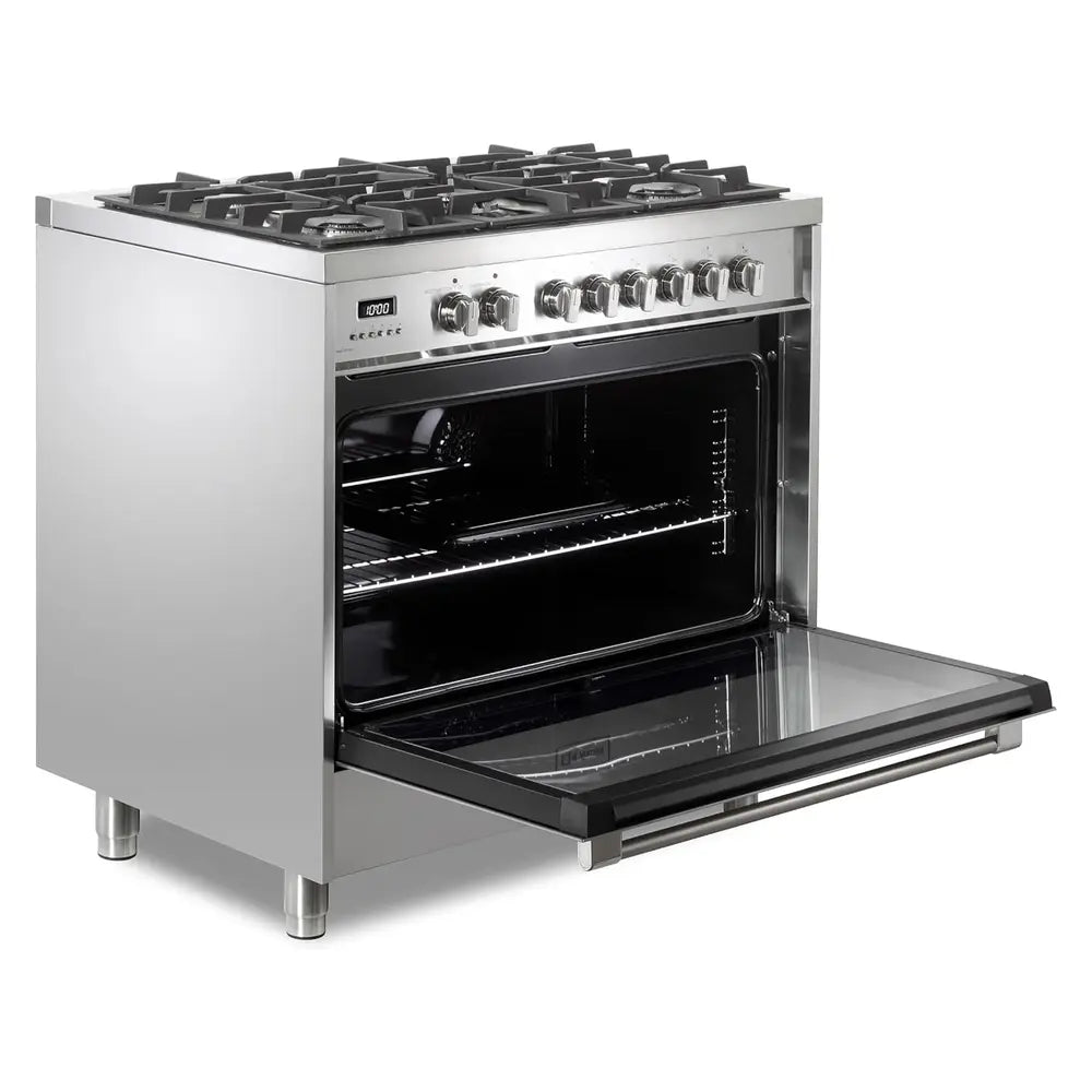 Verona VPRFSGE365SS 36 inch Prima Series Freestanding Dual Fuel Range with 5 Sealed SABAF Burners, 5 cu. ft. Oven Capacity, Touch Control Clock in Stainless Steel