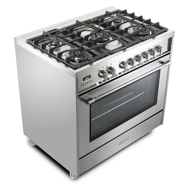Verona VPRFSGE365SS 36 inch Prima Series Freestanding Dual Fuel Range with 5 Sealed SABAF Burners, 5 cu. ft. Oven Capacity, Touch Control Clock in Stainless Steel