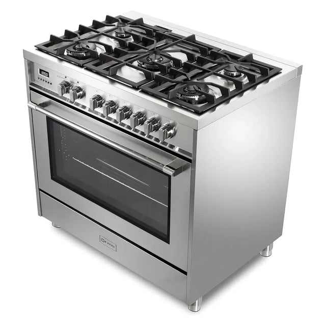 Verona VPRFSGE365SS 36 inch Prima Series Freestanding Dual Fuel Range with 5 Sealed SABAF Burners, 5 cu. ft. Oven Capacity, Touch Control Clock in Stainless Steel