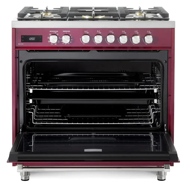 Verona VUFSGE365BU 36 inch Ultima Collection Freestanding Dual Fuel Range with 5 Sealed SABAF Brass Burners, 5 cu. ft. Oven Capacity (Burgundy)