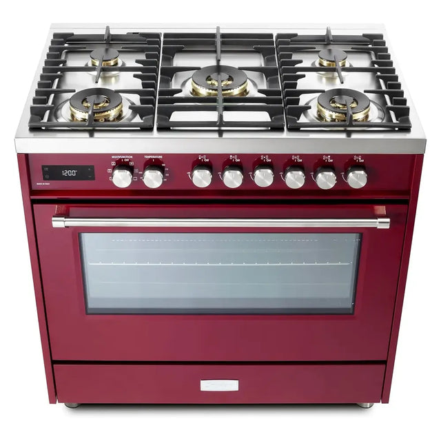 Verona VUFSGE365BU 36 inch Ultima Collection Freestanding Dual Fuel Range with 5 Sealed SABAF Brass Burners, 5 cu. ft. Oven Capacity (Burgundy)