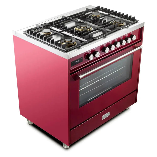 Verona VUFSGE365BU 36 inch Ultima Collection Freestanding Dual Fuel Range with 5 Sealed SABAF Brass Burners, 5 cu. ft. Oven Capacity (Burgundy)