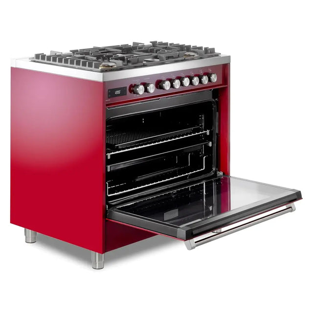 Verona VUFSGE365BU 36 inch Ultima Collection Freestanding Dual Fuel Range with 5 Sealed SABAF Brass Burners, 5 cu. ft. Oven Capacity (Burgundy)