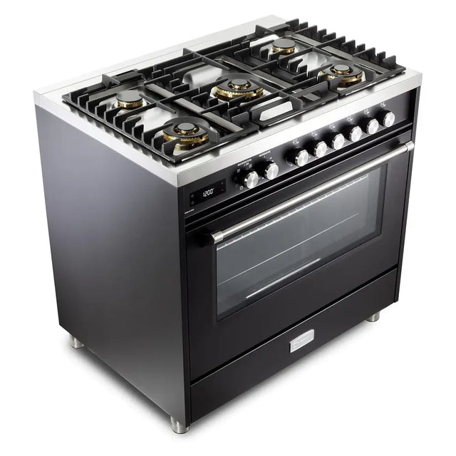 Verona VUFSGE365E 36 inch Ultima Collection Freestanding Dual Fuel Range with 5 Sealed SABAF Brass Burners, 5 cu. ft. Oven Capacity (Matte Black)