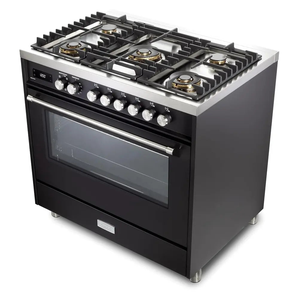 Verona VUFSGE365E 36 inch Ultima Collection Freestanding Dual Fuel Range with 5 Sealed SABAF Brass Burners, 5 cu. ft. Oven Capacity (Matte Black)