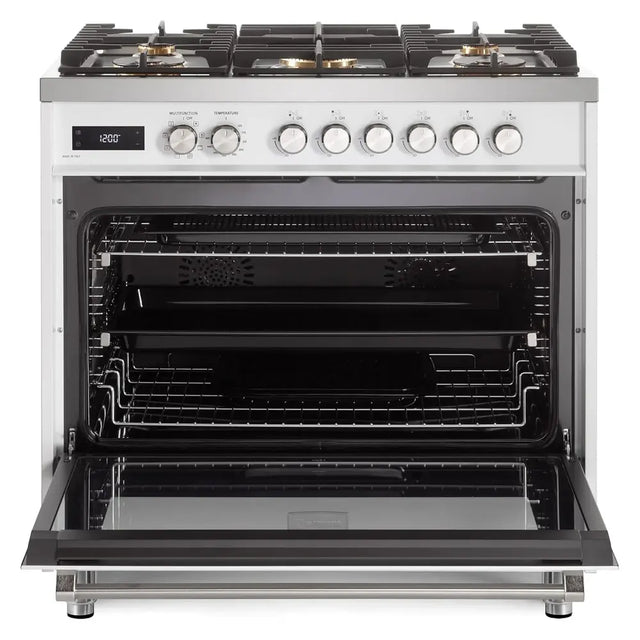 Verona VUFSGE365W 36 inch Ultima Collection Freestanding Dual Fuel Range with 5 Sealed SABAF Brass Burners, 5 cu. ft. Oven Capacity (White)