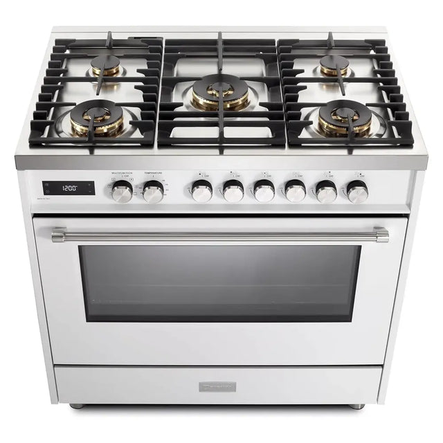 Verona VUFSGE365W 36 inch Ultima Collection Freestanding Dual Fuel Range with 5 Sealed SABAF Brass Burners, 5 cu. ft. Oven Capacity (White)