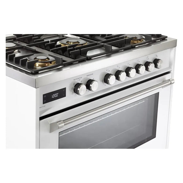 Verona VUFSGE365W 36 inch Ultima Collection Freestanding Dual Fuel Range with 5 Sealed SABAF Brass Burners, 5 cu. ft. Oven Capacity (White)