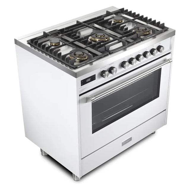 Verona VUFSGE365W 36 inch Ultima Collection Freestanding Dual Fuel Range with 5 Sealed SABAF Brass Burners, 5 cu. ft. Oven Capacity (White)