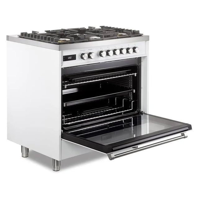 Verona VUFSGE365W 36 inch Ultima Collection Freestanding Dual Fuel Range with 5 Sealed SABAF Brass Burners, 5 cu. ft. Oven Capacity (White)