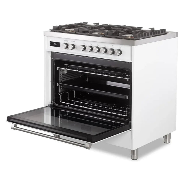 Verona VUFSGE365W 36 inch Ultima Collection Freestanding Dual Fuel Range with 5 Sealed SABAF Brass Burners, 5 cu. ft. Oven Capacity (White)