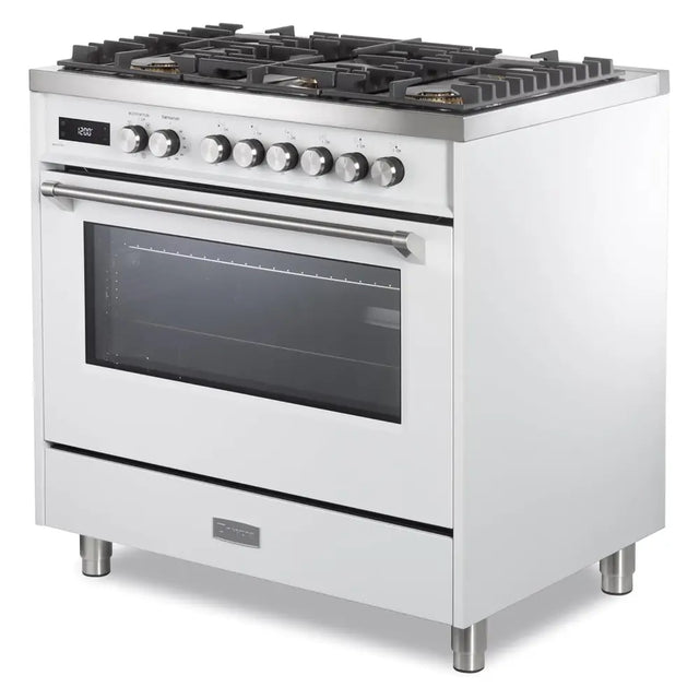 Verona VUFSGE365W 36 inch Ultima Collection Freestanding Dual Fuel Range with 5 Sealed SABAF Brass Burners, 5 cu. ft. Oven Capacity (White)