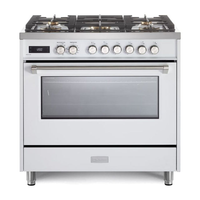 Verona VUFSGE365W 36 inch Ultima Collection Freestanding Dual Fuel Range with 5 Sealed SABAF Brass Burners, 5 cu. ft. Oven Capacity (White)