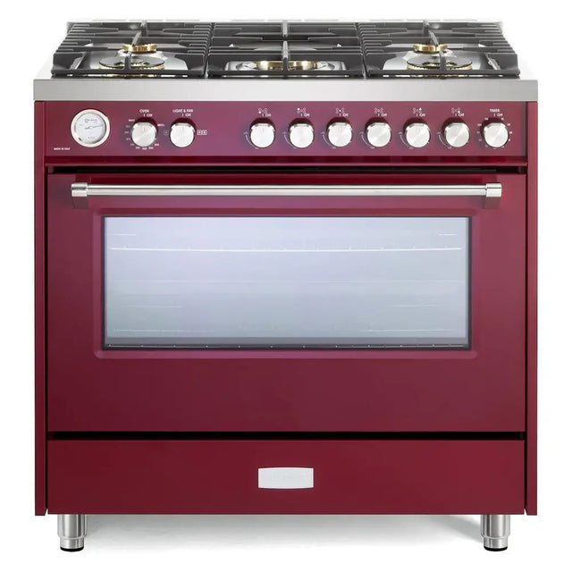 Verona VUFSGG365BU 36 inch Ultima Collection Freestanding Gas Range with 5 Sealed SABAF Brass Burners, 5 cu. ft. Oven Capacity, Temperature Gauge (Burgundy)