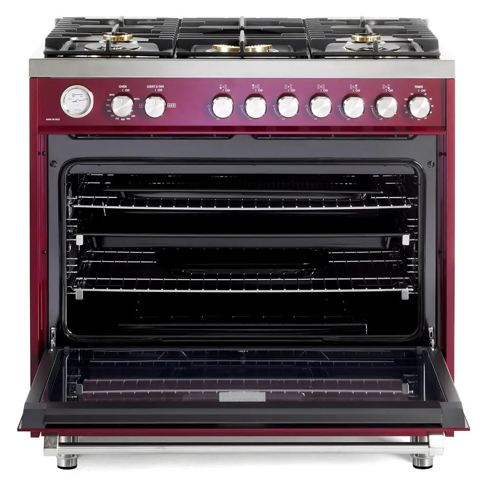Verona VUFSGG365BU 36 inch Ultima Collection Freestanding Gas Range with 5 Sealed SABAF Brass Burners, 5 cu. ft. Oven Capacity, Temperature Gauge (Burgundy)