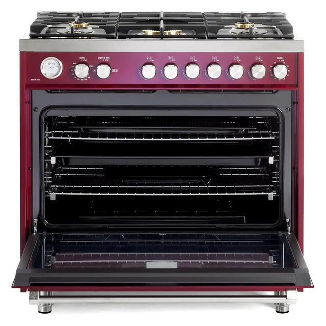 Verona VUFSGG365BU 36 inch Ultima Collection Freestanding Gas Range with 5 Sealed SABAF Brass Burners, 5 cu. ft. Oven Capacity, Temperature Gauge (Burgundy)