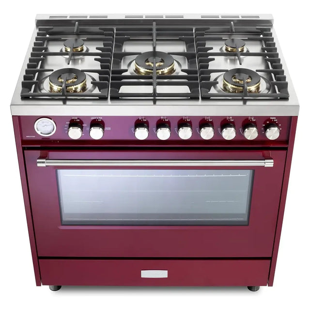 Verona VUFSGG365BU 36 inch Ultima Collection Freestanding Gas Range with 5 Sealed SABAF Brass Burners, 5 cu. ft. Oven Capacity, Temperature Gauge (Burgundy)