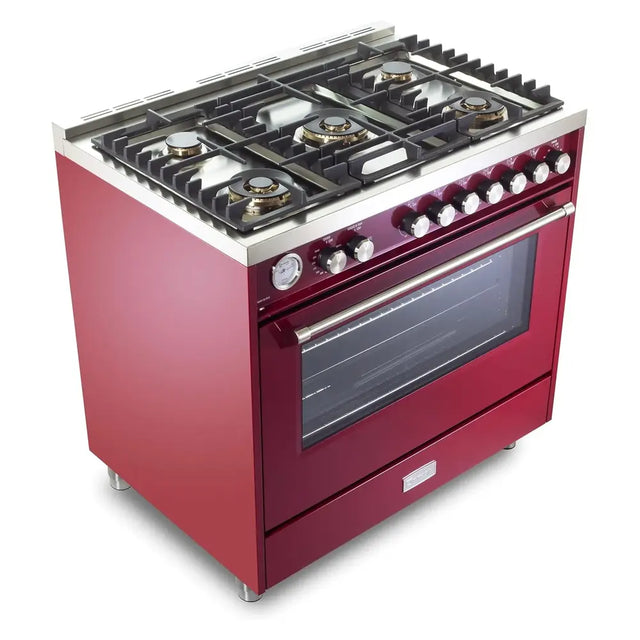 Verona VUFSGG365BU 36 inch Ultima Collection Freestanding Gas Range with 5 Sealed SABAF Brass Burners, 5 cu. ft. Oven Capacity, Temperature Gauge (Burgundy)