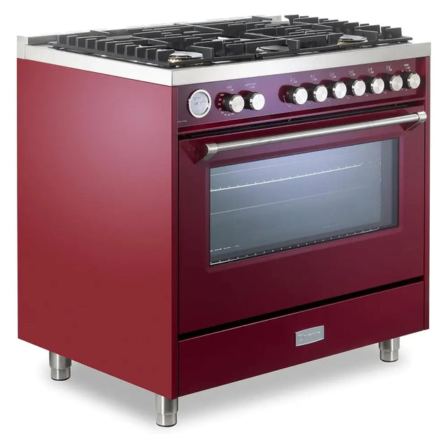 Verona VUFSGG365BU 36 inch Ultima Collection Freestanding Gas Range with 5 Sealed SABAF Brass Burners, 5 cu. ft. Oven Capacity, Temperature Gauge (Burgundy)