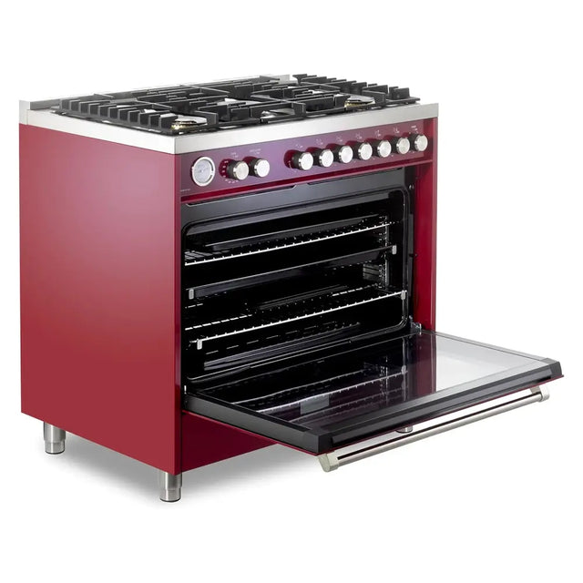 Verona VUFSGG365BU 36 inch Ultima Collection Freestanding Gas Range with 5 Sealed SABAF Brass Burners, 5 cu. ft. Oven Capacity, Temperature Gauge (Burgundy)