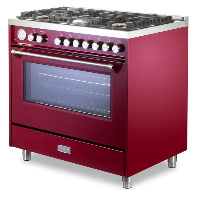 Verona VUFSGG365BU 36 inch Ultima Collection Freestanding Gas Range with 5 Sealed SABAF Brass Burners, 5 cu. ft. Oven Capacity, Temperature Gauge (Burgundy)