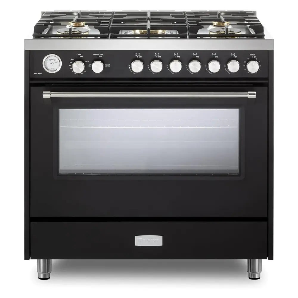 Verona VUFSGG365E 36 inch Ultima Collection Freestanding Gas Range with 5 Sealed SABAF Brass Burners, 5 cu. ft. Oven Capacity, Temperature Gauge (Matte Black)
