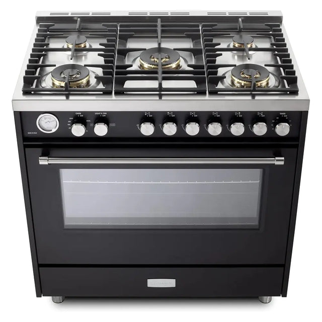 Verona VUFSGG365E 36 inch Ultima Collection Freestanding Gas Range with 5 Sealed SABAF Brass Burners, 5 cu. ft. Oven Capacity, Temperature Gauge (Matte Black)