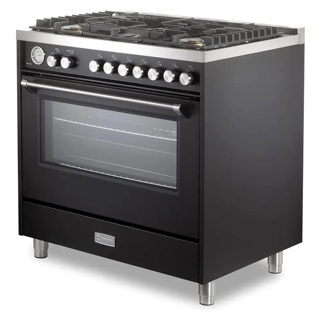 Verona VUFSGG365E 36 inch Ultima Collection Freestanding Gas Range with 5 Sealed SABAF Brass Burners, 5 cu. ft. Oven Capacity, Temperature Gauge (Matte Black)