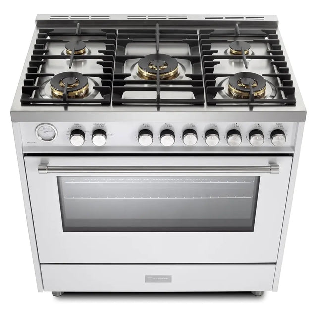Verona VUFSGG365W 36 inch Ultima Collection Freestanding Gas Range with 5 Sealed SABAF Brass Burners, 5 cu. ft. Oven Capacity, Temperature Gauge (White)