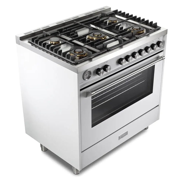 Verona VUFSGG365W 36 inch Ultima Collection Freestanding Gas Range with 5 Sealed SABAF Brass Burners, 5 cu. ft. Oven Capacity, Temperature Gauge (White)