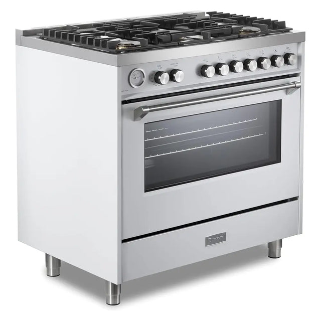 Verona VUFSGG365W 36 inch Ultima Collection Freestanding Gas Range with 5 Sealed SABAF Brass Burners, 5 cu. ft. Oven Capacity, Temperature Gauge (White)