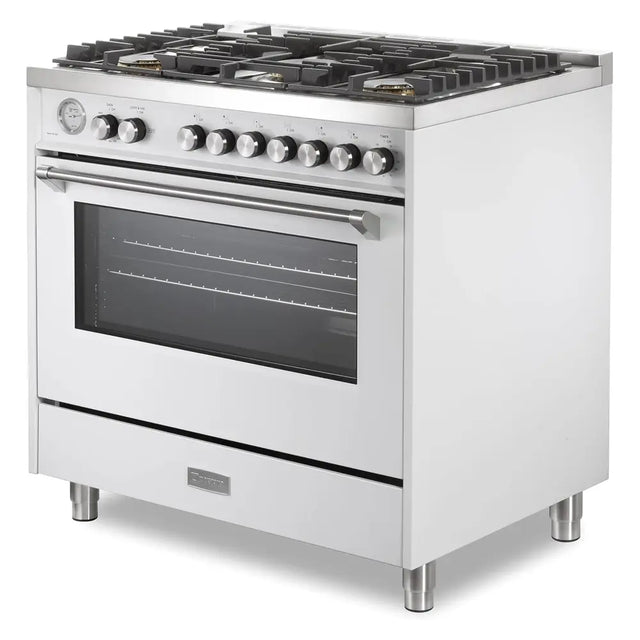 Verona VUFSGG365W 36 inch Ultima Collection Freestanding Gas Range with 5 Sealed SABAF Brass Burners, 5 cu. ft. Oven Capacity, Temperature Gauge (White)