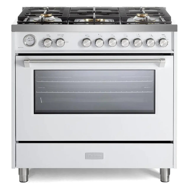 Verona VUFSGG365W 36 inch Ultima Collection Freestanding Gas Range with 5 Sealed SABAF Brass Burners, 5 cu. ft. Oven Capacity, Temperature Gauge (White)