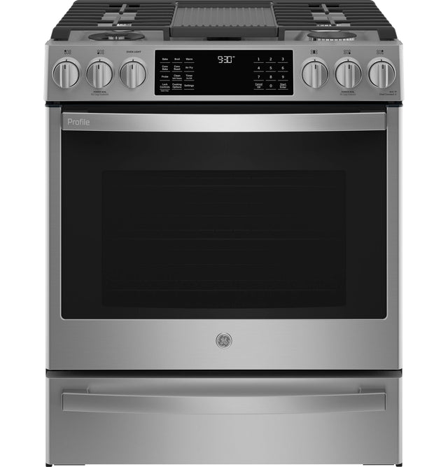 GE Profile 30" Smart Slide-In Front-Control Gas Fingerprint Resistant Range with No Preheat Air Fry PGS930YPFS