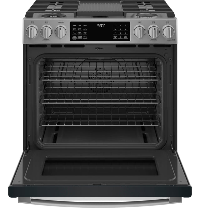 GE Profile 30" Smart Slide-In Front-Control Gas Fingerprint Resistant Range with No Preheat Air Fry PGS930YPFS