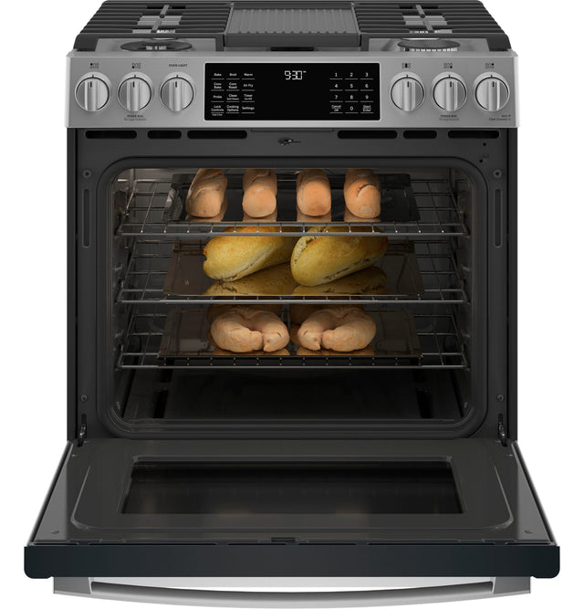 GE Profile 30" Smart Slide-In Front-Control Gas Fingerprint Resistant Range with No Preheat Air Fry PGS930YPFS
