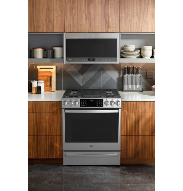 GE Profile 30" Smart Slide-In Front-Control Gas Fingerprint Resistant Range with No Preheat Air Fry PGS930YPFS