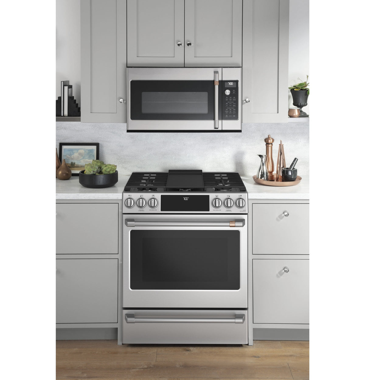 Café 30" Slide-In Front Control Gas Oven with Convection Range with Warming Drawer CGS700P2MS1